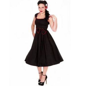 Lindy Bop Black Retro Swing Dress Red Piping Sz S NWT